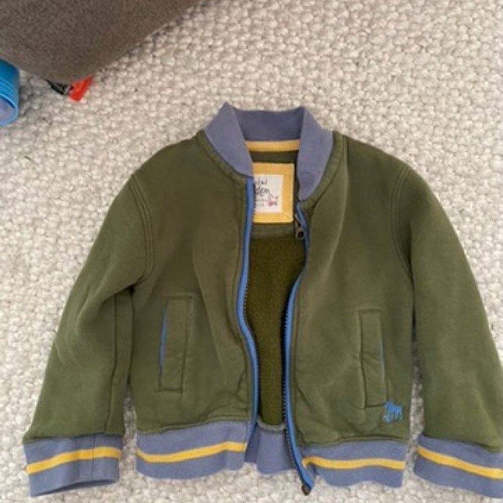 Mini Boden Green Zip Up Sweatshirt with Yellow and Grey Piping and Blue Accents